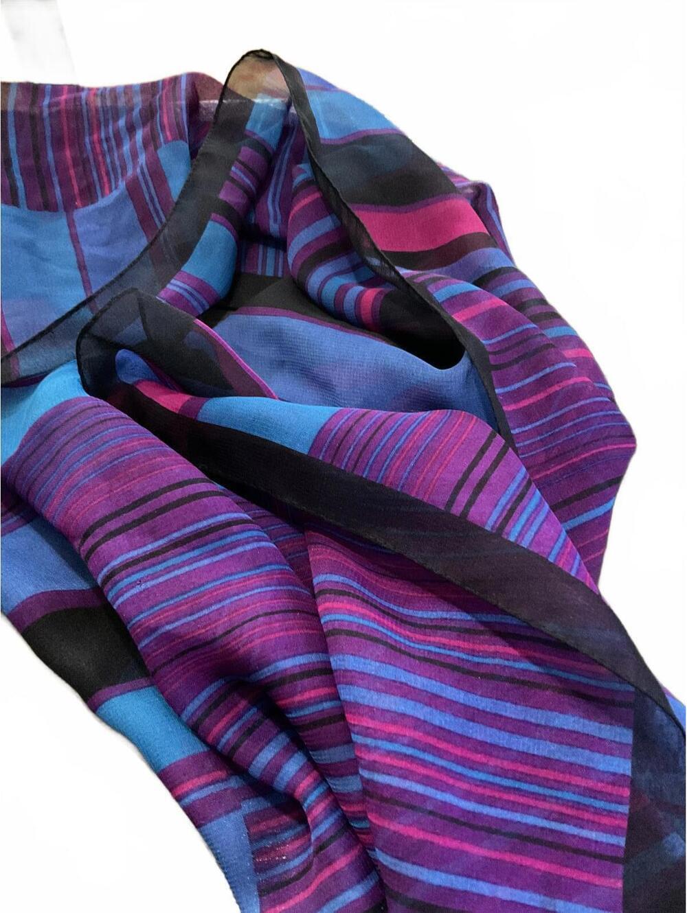 Vibrant Striped  Silk Women's Scarf with Blue and Purple Tones
